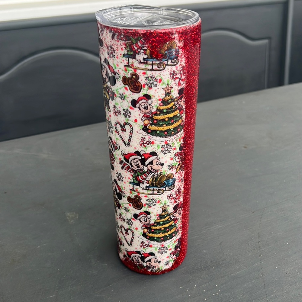 Half Disney treat Mickey Minnie Christmas cup half glitter travel mug cup